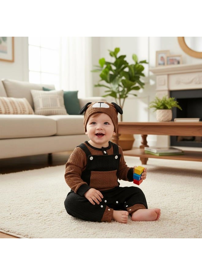 FOCUTEBB Baby Boy Clothes 0-3 Months Newborn Fall Winter Outfits Suspender Pants Set Cute Long Sleeve Rompers + Pocket Overalls + Hat With Dog Ears 3 Pcs Set Cute Cartoon Clothing Set Brown 0-3 Months - Image 2