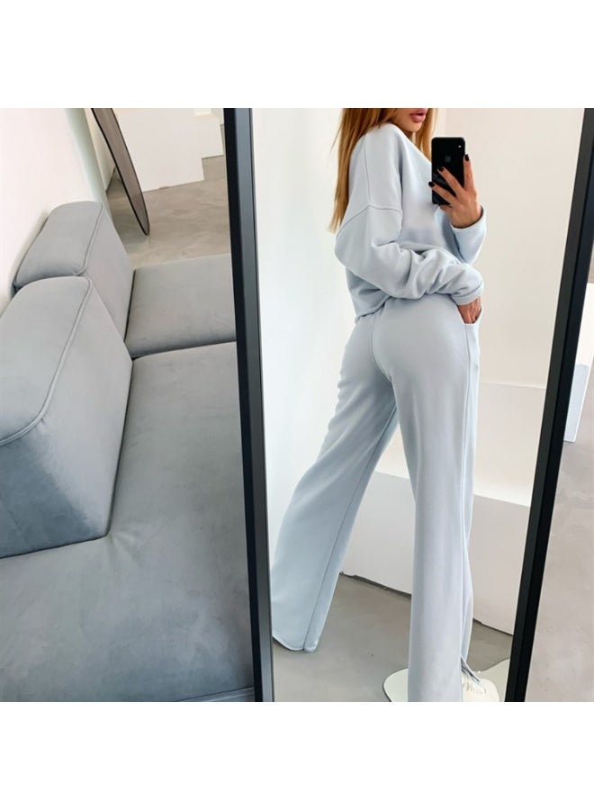 NIBEMINENT Spring Solid 2 Piece Casual Home Suit Women Loose Round Neck Long Sleeved Pullover Top Elastic Waist Lace Up Trousers Set - Image 2