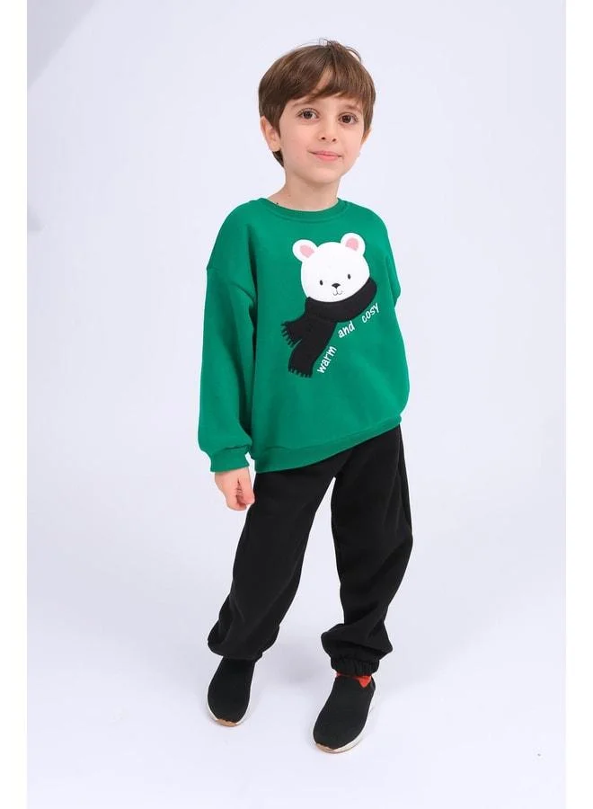 Perendi Boys' Bear Appliqué Sweatshirt and Sweatpants Set with Lined Fleece – Green.