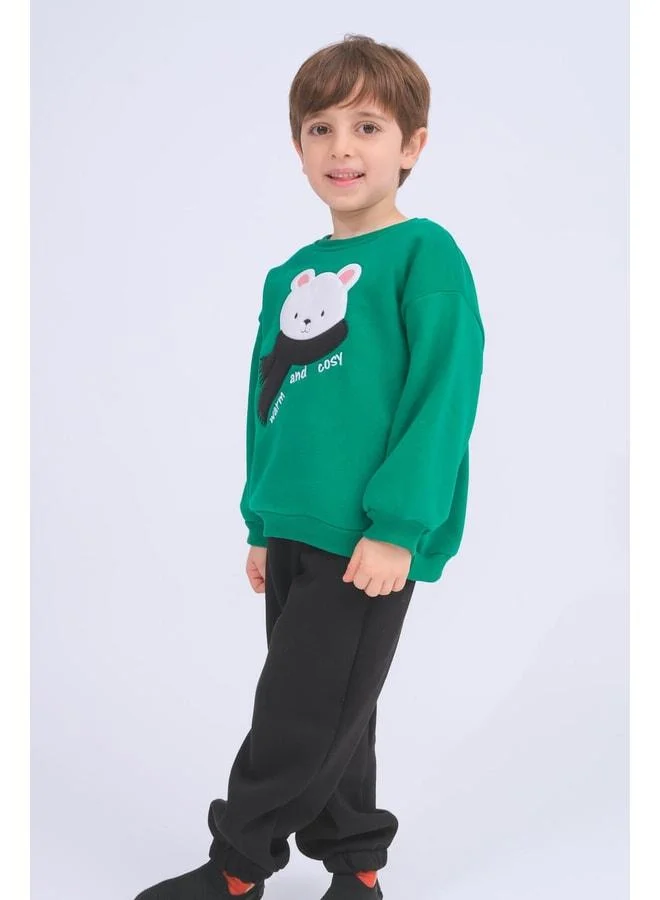 Perendi Boys' Bear Appliqué Sweatshirt and Sweatpants Set with Lined Fleece – Green.