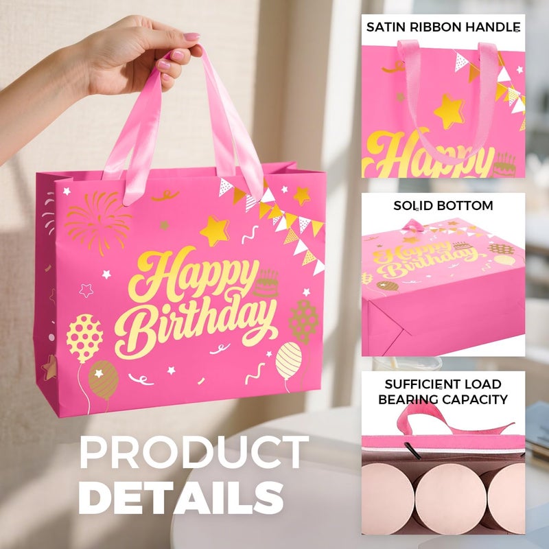 Sipthene 13” Pink Birthday Gift Bag with Tissue Paper and Greeting Card - Happy Birthday Design - Image 4