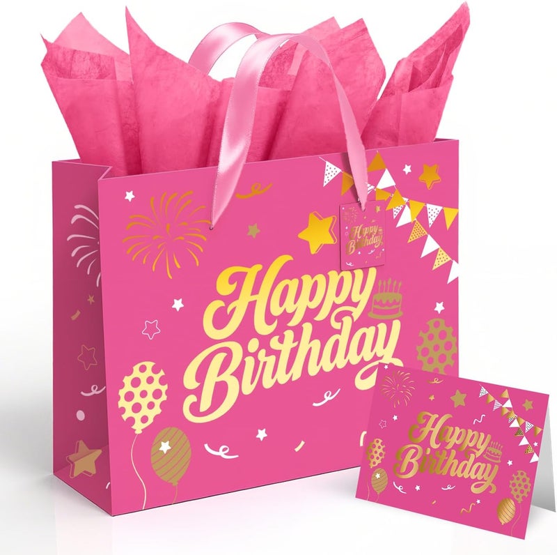Sipthene 13” Pink Birthday Gift Bag with Tissue Paper and Greeting Card - Happy Birthday Design - Image 1