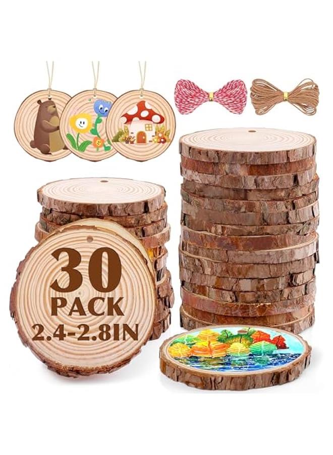 Arabest 30 Pack Wood Slices for Crafts,2.4-2.8In Unfinished Natural Wood Rounds with Tree Bark.Wood Circles Predrilled with Hole and 20m Rope for Centerpiece Table Decorations, Ornaments,DIY Gifts - Image 1