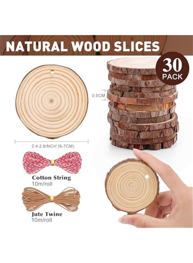 Arabest 30 Pack Wood Slices for Crafts,2.4-2.8In Unfinished Natural Wood Rounds with Tree Bark.Wood Circles Predrilled with Hole and 20m Rope for Centerpiece Table Decorations, Ornaments,DIY Gifts - Image 3