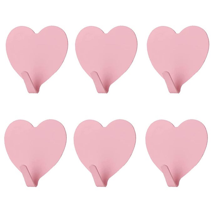 6 PACK HEART SHAPED DECORATIVE WALL HOOKS STAINLESS STEEL STRONG ADHESIVE WALL HOOK FOR HOME KITCHEN BATHROOM OFFICE LIGHT PINK