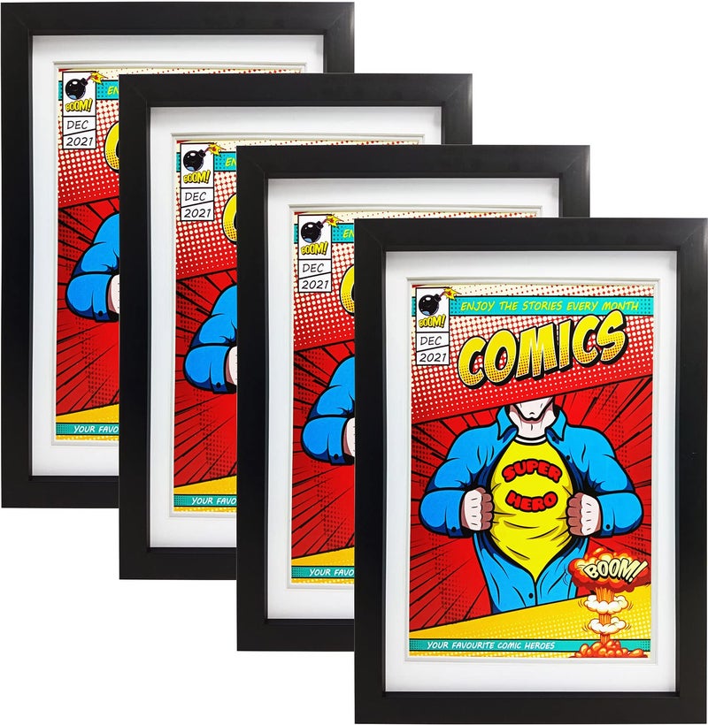 Memory Keeper Comic Book Frame4 PackUltraviolet UV Protection Fits Current Comics up to 6 34 inch x 10 14 inch Wall or Tabletop DisplaySpring Clips Black Frame White Mat 4