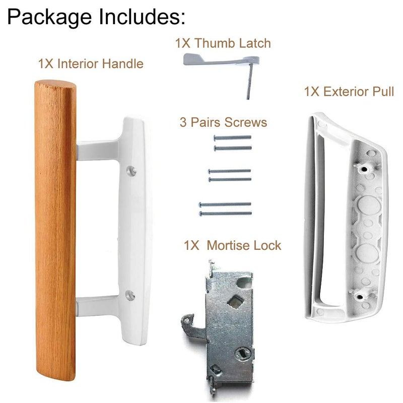 HauSun Sliding Glass Door Handle Set Oak Wood Interior Handle and Exterior Pull White Diecast Finish+Mortise Lock 45Â° Keyway Fits 3-15/16â€ Screw Hole Spacing, Non-keyed with Latch Locks(White) - Image 4