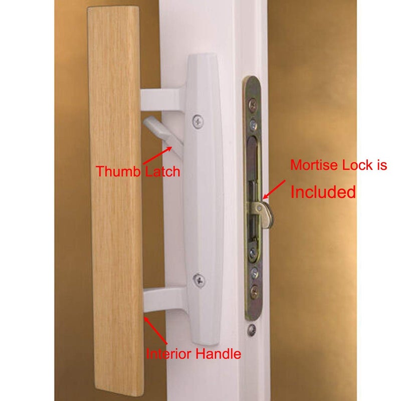 HauSun Sliding Glass Door Handle Set Oak Wood Interior Handle and Exterior Pull White Diecast Finish+Mortise Lock 45Â° Keyway Fits 3-15/16â€ Screw Hole Spacing, Non-keyed with Latch Locks(White) - Image 5