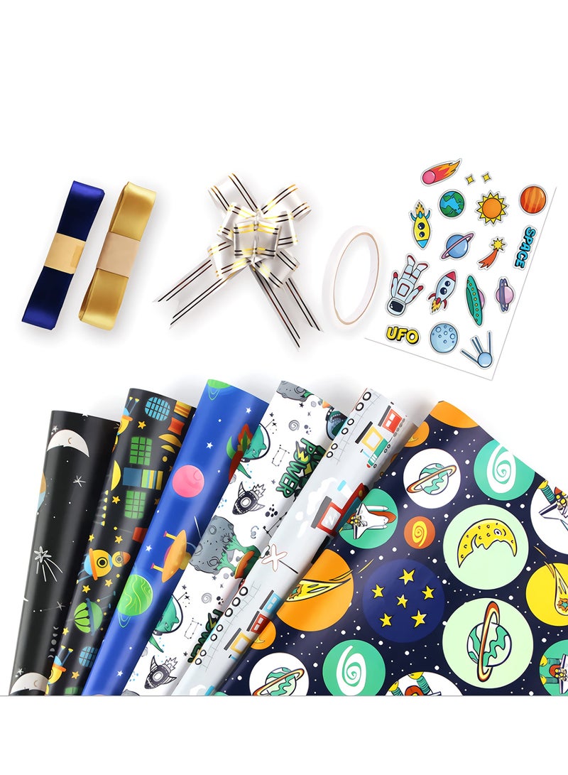 Generic 12 Sheets Cartoon Birthday Wrapping Paper for Kids Gift Wrap Paper Bundle 19.7 X 27.6 in Per Sheet with Stripes Stickers for Party Baby Shower and Craft (Alien Outer Space Dinosaur Car) - Image 1