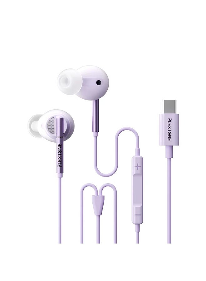 Plextone VX4 Type-C Earphones with Built-in Microphone, High-Definition Sound, Soft Silicone Ear Hooks, Dual-Ear Design, 120cm Length, Purple - Image 1