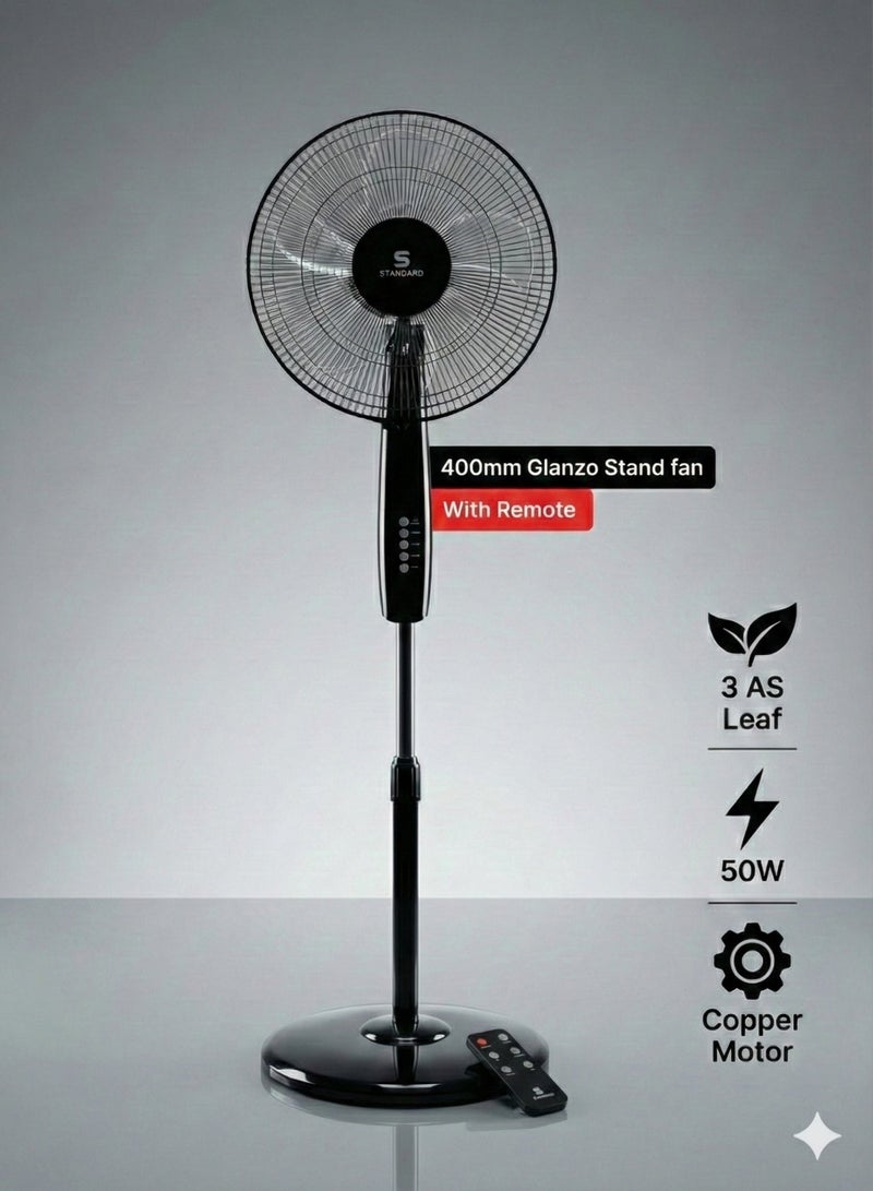 Havells STANDARD 16" STAND FAN - Glanzo Pedestal with Remote Control | 50W Copper Motor, 3 AS Blades, Black | Model FOSGZBLK16121 - Image 1