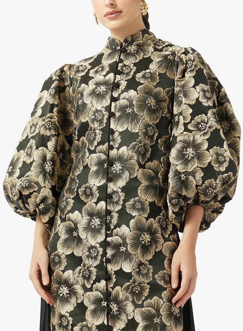 Threadz by Ajooni  Puff Sleeve Jacquard Maxi Dress for Women | Best Price UAE