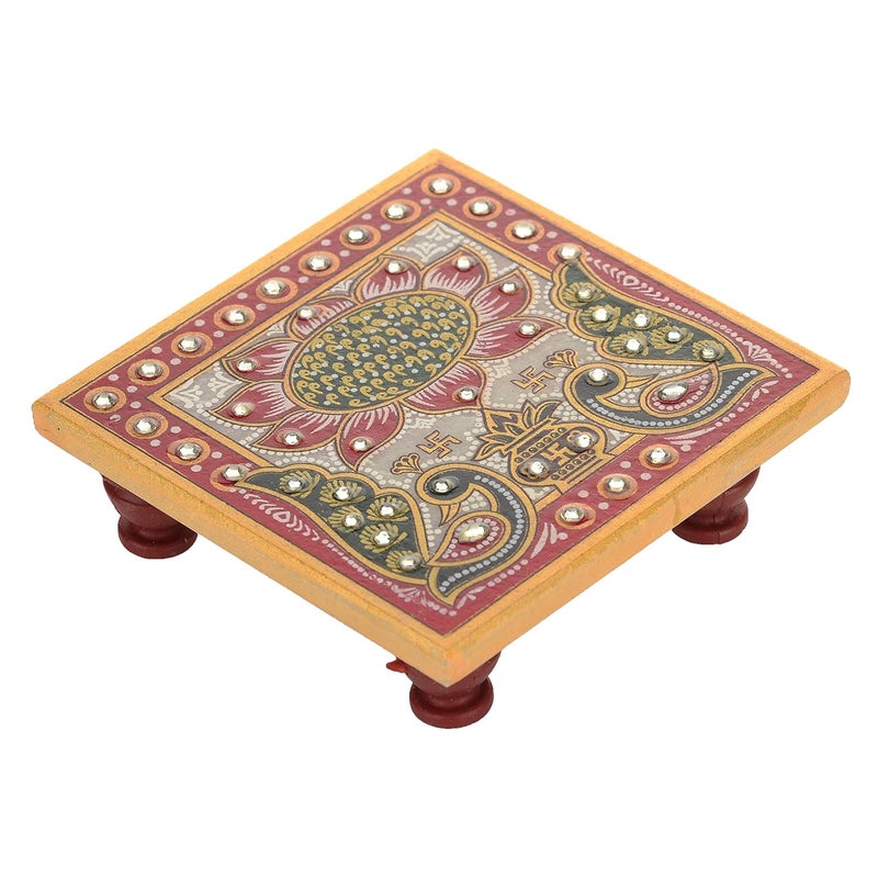 KESAR ZEMS KESAR ZEMS Lotus Painted Marble Chowki 10 x 10 x 25 cm for Pooja Good Luck Gift Home Decor  - Image 2