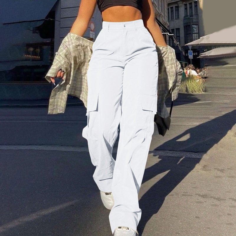 Women's Street Style Multi-Pocket Cargo Straight Leg Pants High Waist Loose Fit Trousers