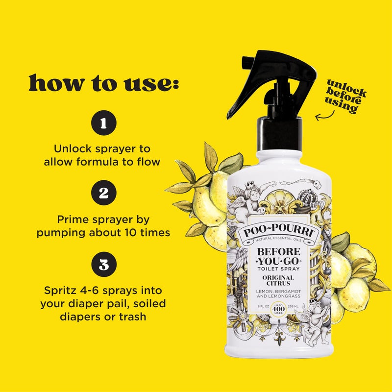 Poo-Pourri Before-You-Go Toilet Spray, Original Citrus, 8 Fl Oz, Up to 400 Uses, Bathroom Odor Deodorizer, Plant-Based with Essential Oils, for Home or Work, Lemon, Bergamot and Lemongrass Scent - Image 3