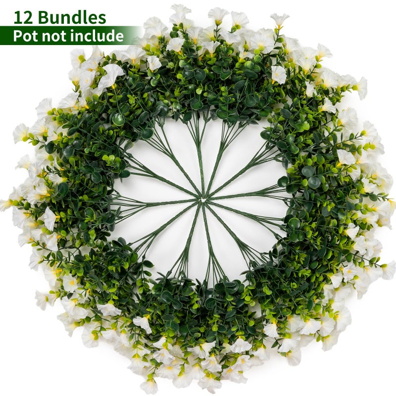 Lnoicy Artificial Flowers for Outdoor 12 Bundles Eucalyptus Fake Flowers for Planter,UV Resistant Fake Morning Glory for Home/Porch/Garden Decorationï¼ˆWhiteï¼‰ - Image 4