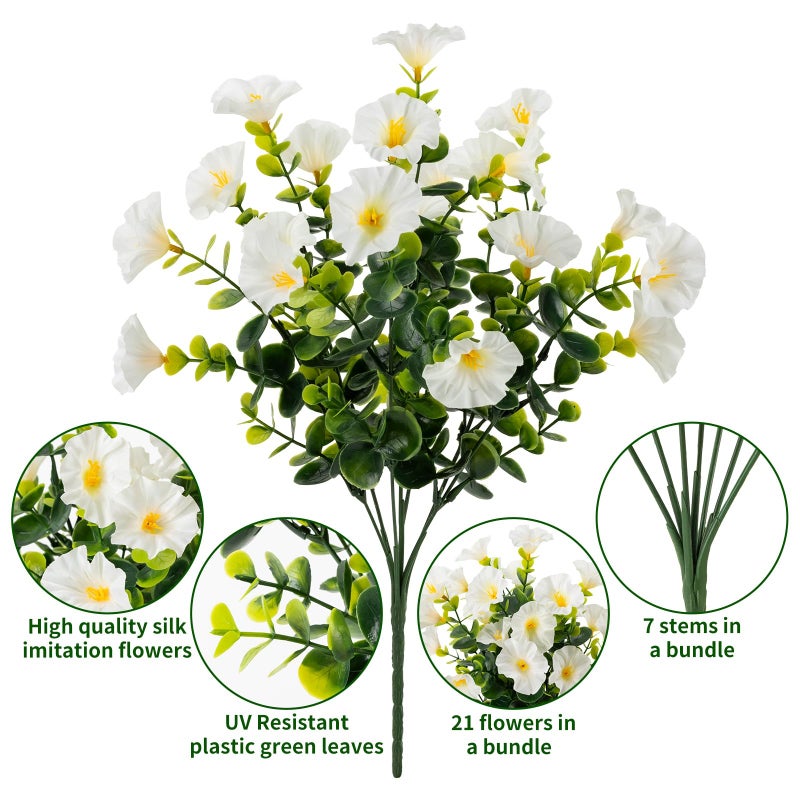 Lnoicy Artificial Flowers for Outdoor 12 Bundles Eucalyptus Fake Flowers for Planter,UV Resistant Fake Morning Glory for Home/Porch/Garden Decorationï¼ˆWhiteï¼‰ - Image 3