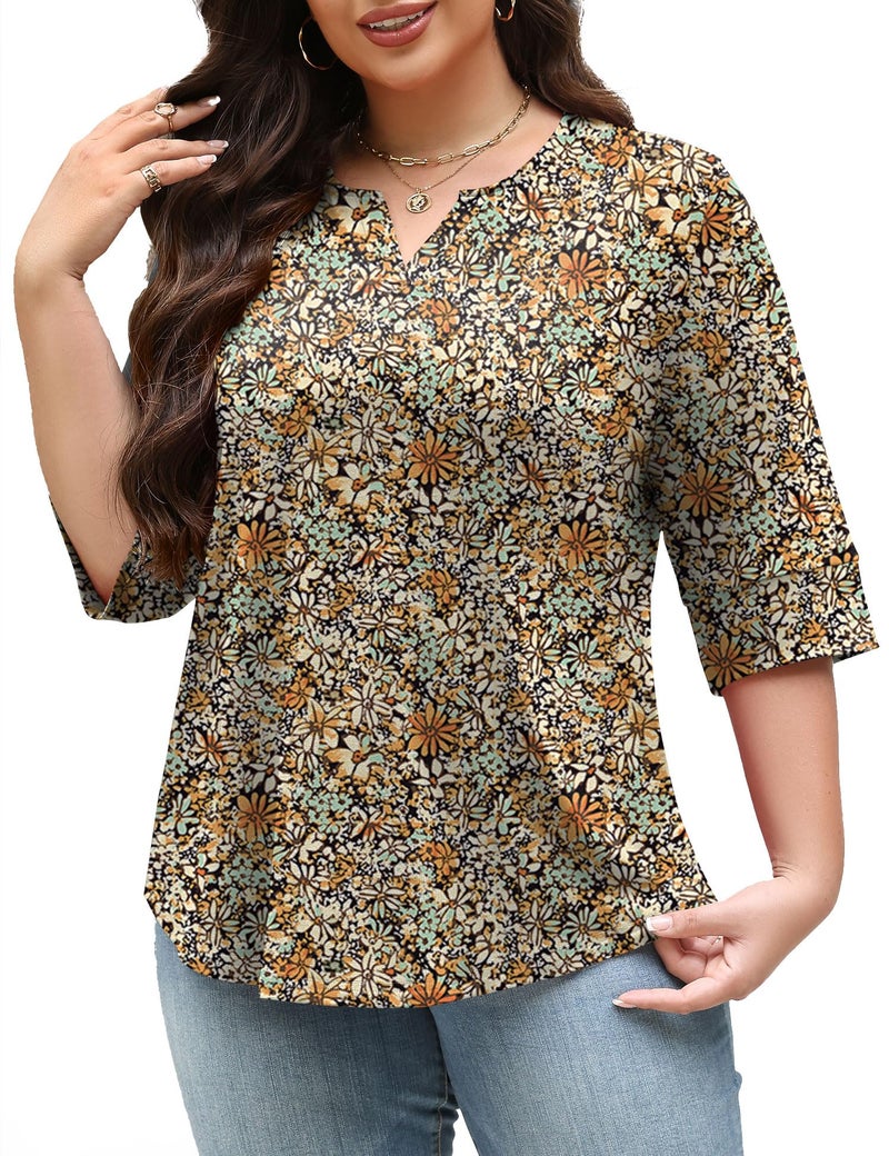 TFSDOD Plus Size Elbow Length Tee Shirts for Women 3/4 Length Sleeve Spring Break Outfit Women Blouses Flowy Tees Black Daisy XL - Image 2