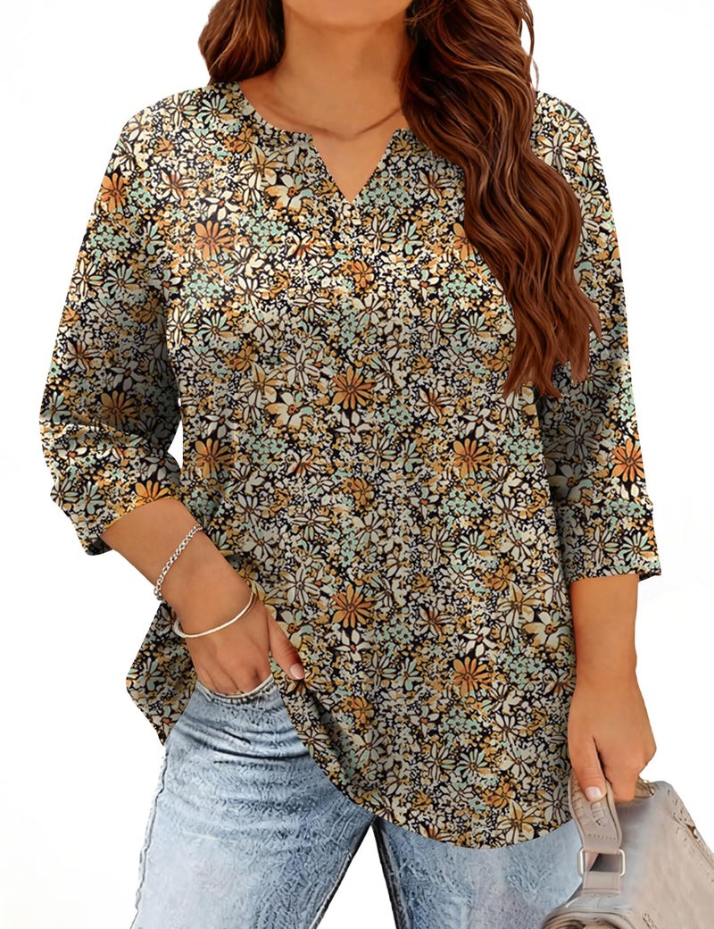 TFSDOD Plus Size Elbow Length Tee Shirts for Women 3/4 Length Sleeve Spring Break Outfit Women Blouses Flowy Tees Black Daisy XL - Image 1