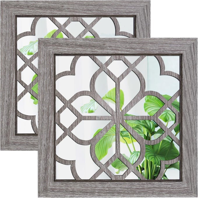BOHO WALL MIRROR DECOR SET OF 2 RUSTIC FARMHOUSE ACCENT MIRROR 12X12 INCH SQUARE SHATTERPROOF VINTAGE STYLE MIRRORS FOR WALL SMALL DECORATIVE MIRRORS FOR LIVING ROOM BEDROOMBROWN