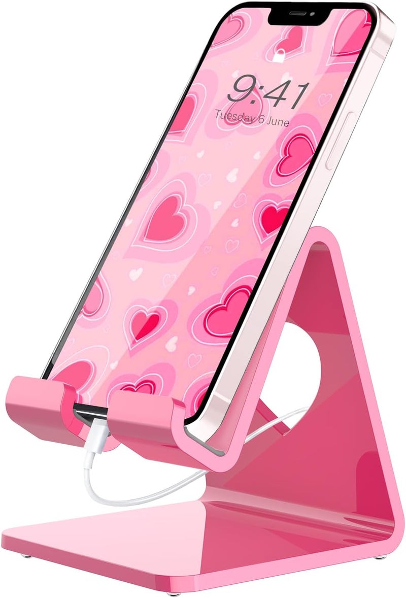Crpich Acrylic Cell Phone Stand, Portable Phone Holder, Pink Phone Stand for Desk, Compatible with Phone16 15 14 13 12 Pro Max Mini 11 SE, Switch, Android Smartphone, Pad, Tablet, Desk Accessories - Image 1