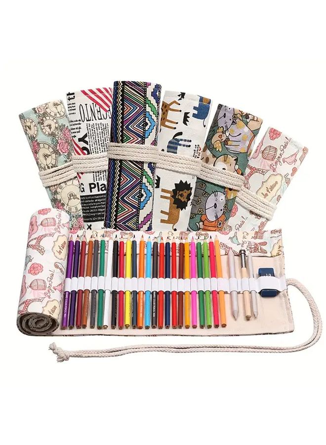 Folk Custom Canvas Colored Pencil Roll-Up Case 24 Holes for Artists Students - Image 1