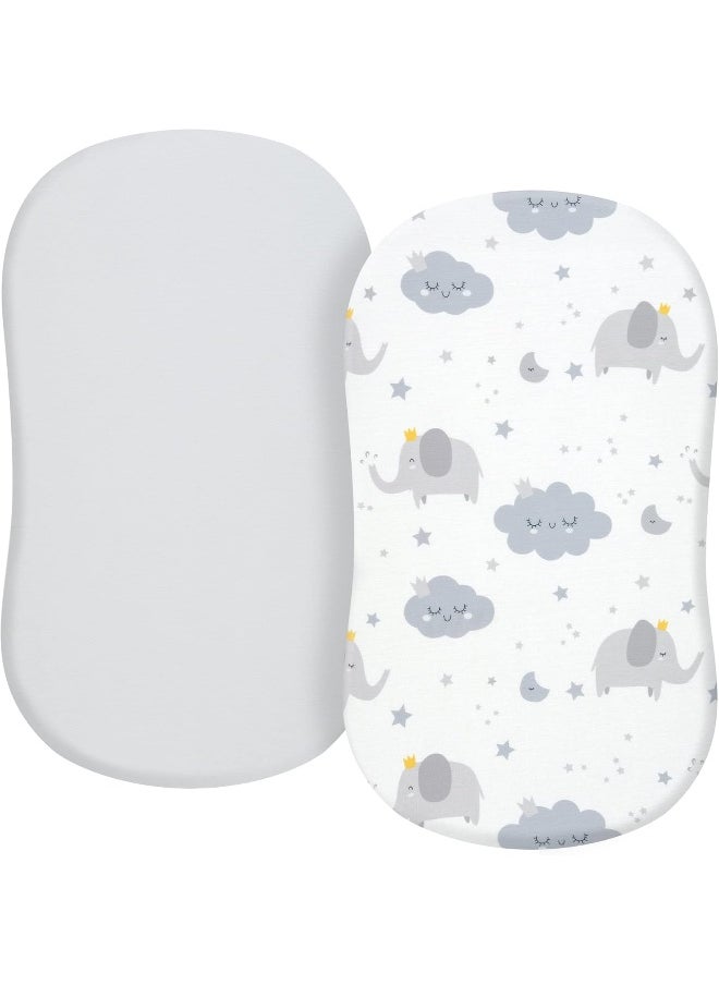 TILLYOU TILLYOU Baby Bassinet Sheets for Girls Boys, Fit for Hourglass Oval Rectangle Bassinet Mattress Sheets, 33”X16”, 2 Pack Elephant & Cloud Gray  - Image 1