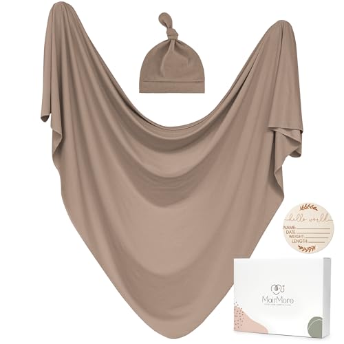 MairMore Baby Swaddle Receiving Blankets with Matching Beanie Set Newborn Nursery Swaddle Wrap for Baby Girls and Boys Brown - Image 1