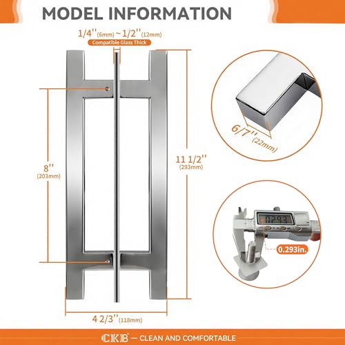 CKB 8" Back to Back Ladder Shape Pull Shower Door Handle Compatible with 1/4" to 1/2" Thickness Glass Door for Frameless Shower Doors, Polished Steel with 304 Stainless Steel - Image 2