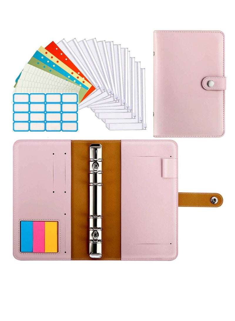 Excefore A6 Budget Binder PU Leather Cover with 12PCS A6 Binder Pockets Loose Leaf Bags 6 Ring Binder Cash Zipper Pouches Label Stickers Refillable Budget Envelopes System - Image 1