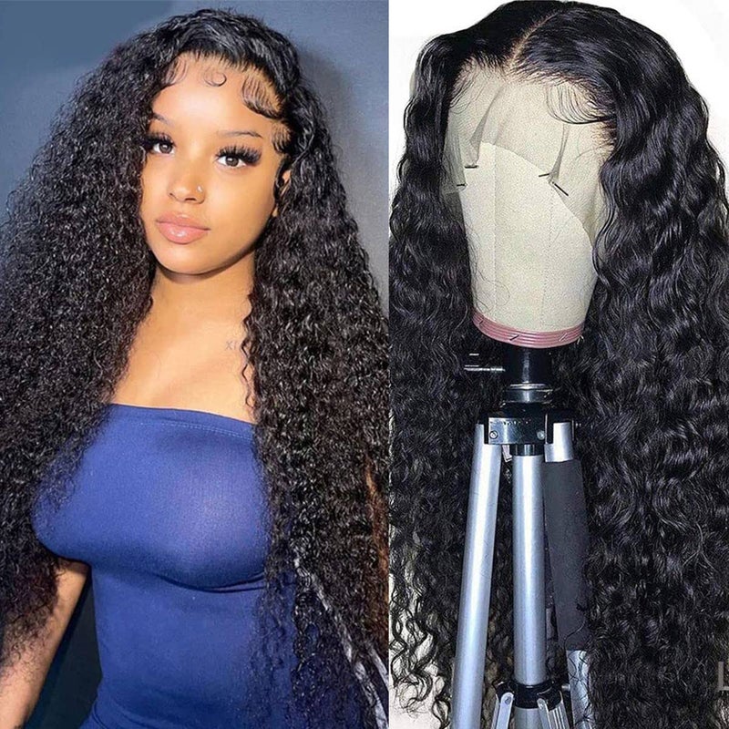 WPPIKK 13x4 Lace Front Wigs Human Hair Pre Plucked 180 Density Brazilian Wet and Wavy Human Hair Wigs for Black Women Glueless Curly Lace Frontal Wig Natural Color (28 Inch) - Image 1