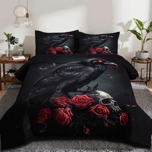 CCoutueChen Black Crow Red Rose Skull Comforter Set Queen Size Halloween Gothic Roses Skeleton Bedding Set Holiday Decoration Bedding Black Floral Bird Down Comforters Soft Microfiber Comforter Sets - Image 1