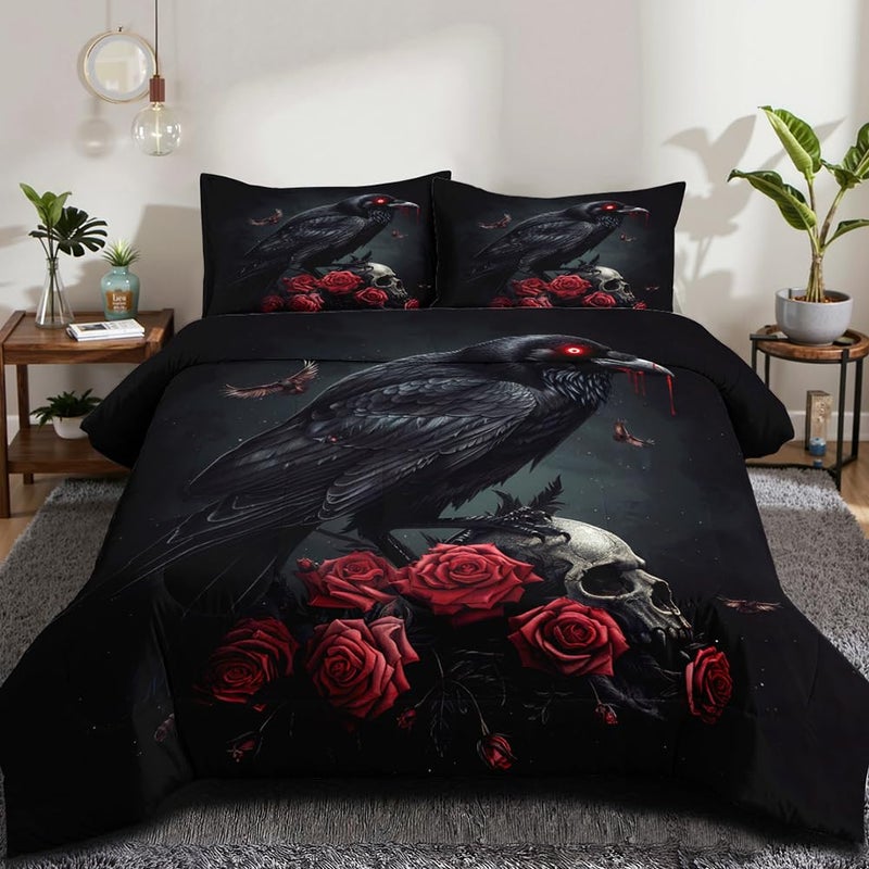 CCoutueChen Black Crow Red Rose Skull Comforter Set Queen Size Halloween Gothic Roses Skeleton Bedding Set Holiday Decoration Bedding Black Floral Bird Down Comforters Soft Microfiber Comforter Sets - Image 2