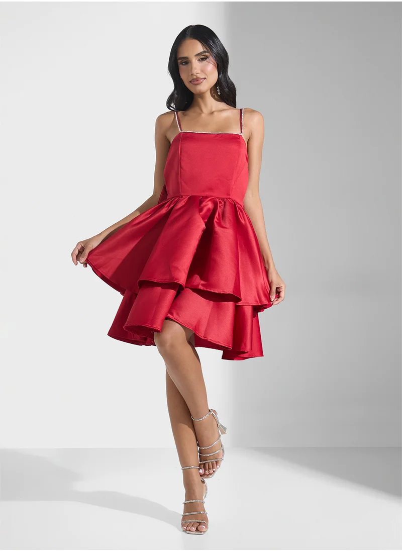 جينجر بوتيك Strappy Diamante Detail Tiered Skater Dress