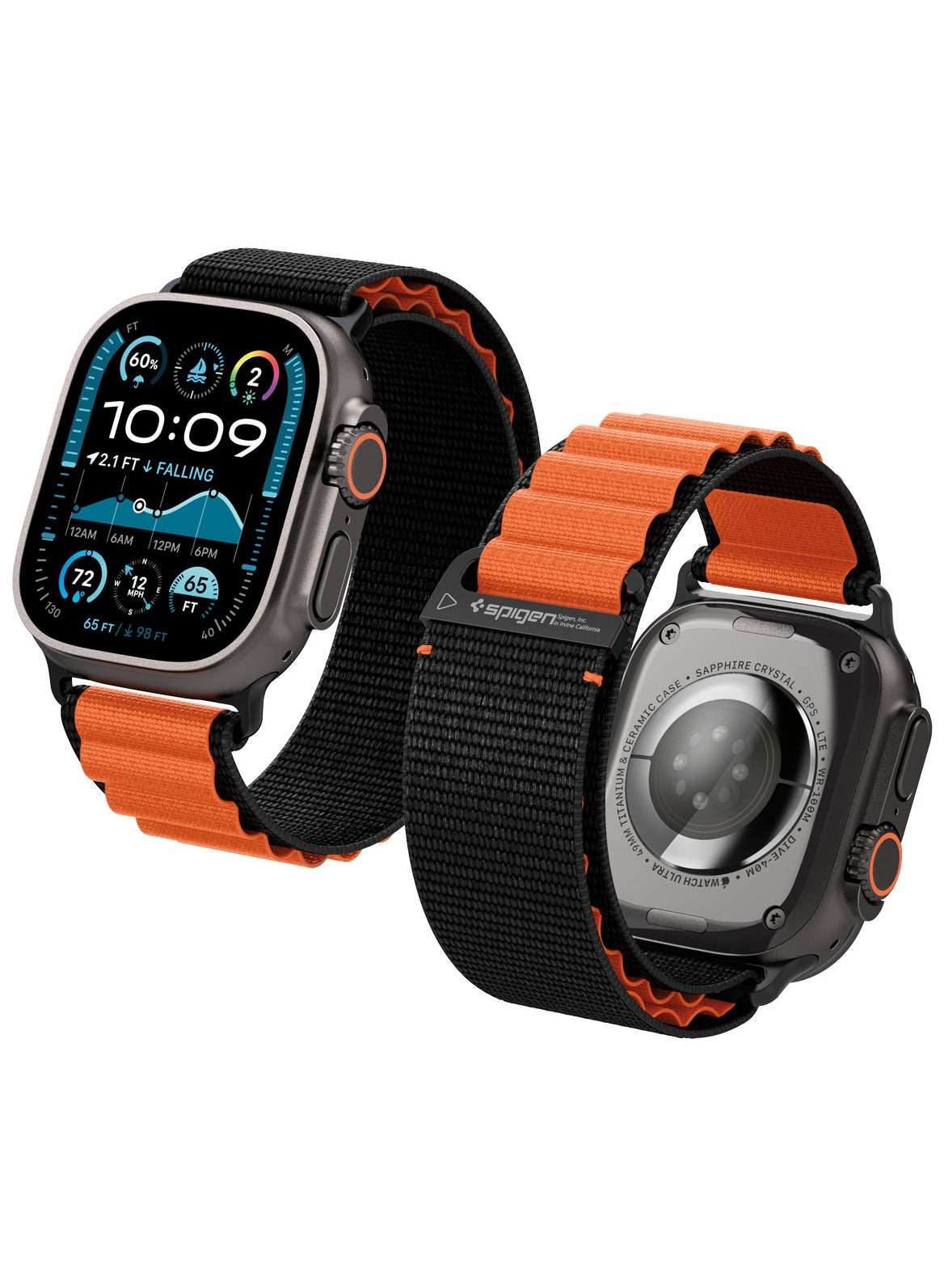 Spigen WBF1 Apple Watch Band for Apple Watch Ultra 3/2/1 49mm, Series 11/10 46mm, 9/8/7 45mm, SE3/SE2/SE/6/5/4 44mm, 3/2/1 42mm Lightweight Fabric Strap - Black Orange