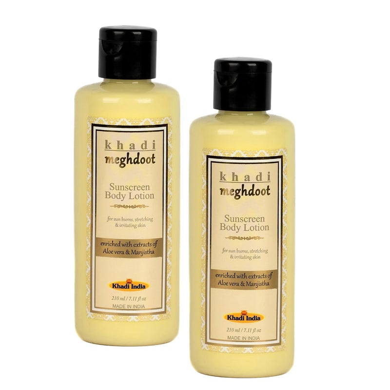 KHADI MEGHDOOT Khadi Meghdoot Sunscreen Body Lotion Intense Hydration with Sunburn Protection Enriched With Extracts of Aloe vera  Manjistha for Pigmentation and Dry Skin Soft and Glowing Skin 210ml Pack of 2  - Image 1