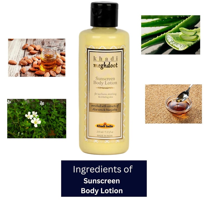 KHADI MEGHDOOT Khadi Meghdoot Sunscreen Body Lotion Intense Hydration with Sunburn Protection Enriched With Extracts of Aloe vera  Manjistha for Pigmentation and Dry Skin Soft and Glowing Skin 210ml Pack of 2  - Image 2