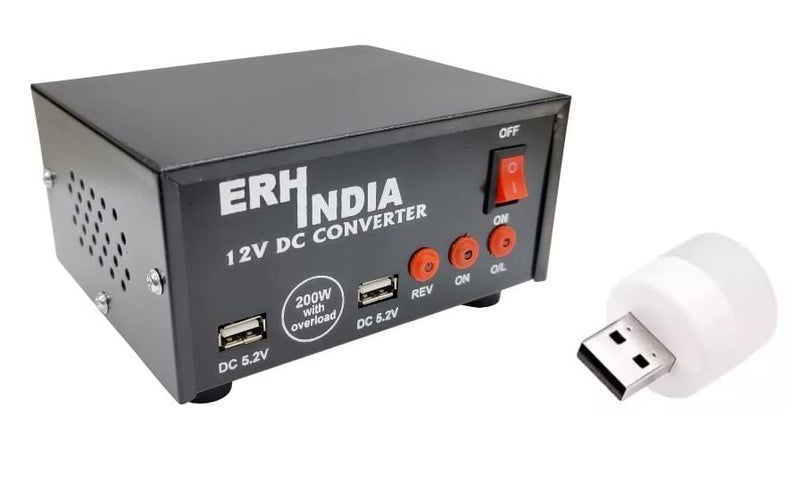 ERH India Dc to Ac Dual USB Converter 12v to 220v Dual Inverter Dc to 12v Mini Car Inverter 200 Watt Solar with Bulb - Image 1