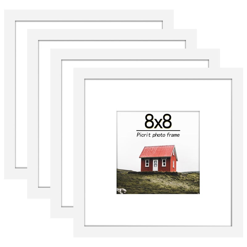 Picrit Picture Frame Set of 4  8x8 inches High Definition Real Glass Mat or Matless Display Wall Mount or Table Top White