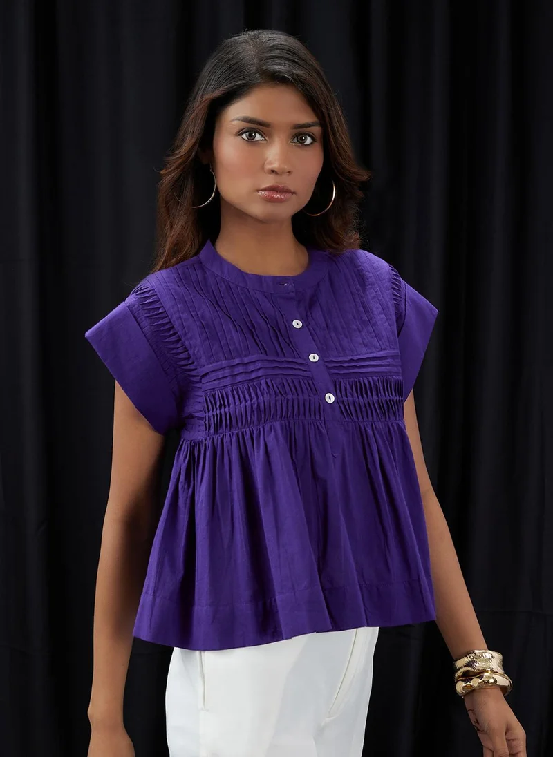 globus Women Purple Mandarin Collar Gathered & Pleated Detail Cap Sleeve Top