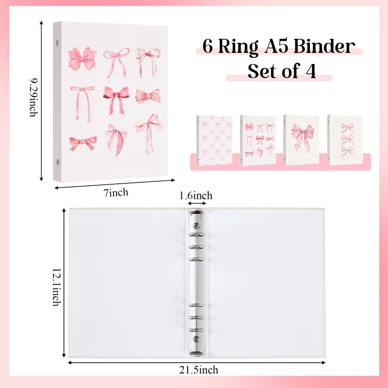 ReliThick 4 Pcs Mini Size Cute Bow 6 Ring Binder, 1 Inch Round Ring with Interior Pockets, Decorative Cute Binders, Clipboard Binder, Coquette School Supplies for School Office(Pink) - Image 2