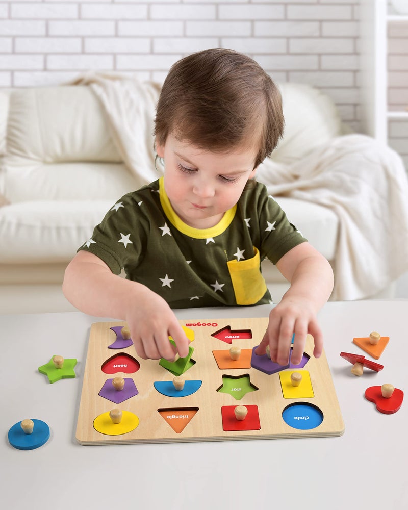 Coogam Montessori Toy Wooden Shape Peg Puzzle, Fine Motor Color Matching Sorting Board, Early Learning Educational Activity Toy Gift for Preschool Toddler Baby 3 4 5 Year Old - Image 2