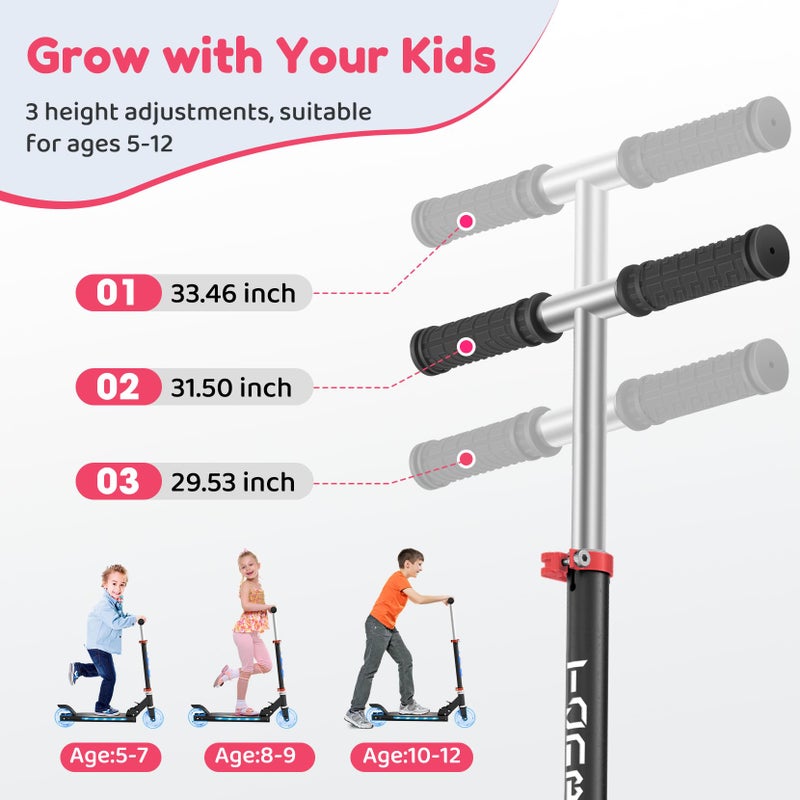 TONBUX Scooters for Kids 5-12, Kids Scooter with Cool Light Up Stem, Wheels, and Deck, 4 Level Adjustable Height Kick Scooter, Foldable and Lightweight Scooter for Kid 8-12, Pink - Image 3