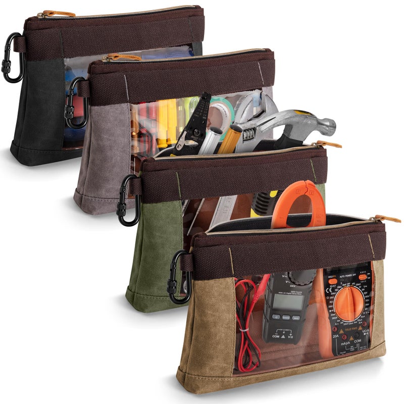 Marscamd 4 Pack Heavy Duty Tool Pouch with Carabiner, 12â€ Canvas Tool Pouch Bag with Clear Window (4 Colors: Black, Gray, Green, Khaki) - Image 1