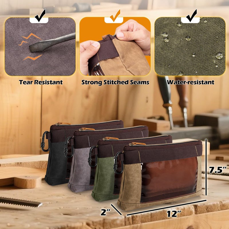 Marscamd 4 Pack Heavy Duty Tool Pouch with Carabiner, 12â€ Canvas Tool Pouch Bag with Clear Window (4 Colors: Black, Gray, Green, Khaki) - Image 2