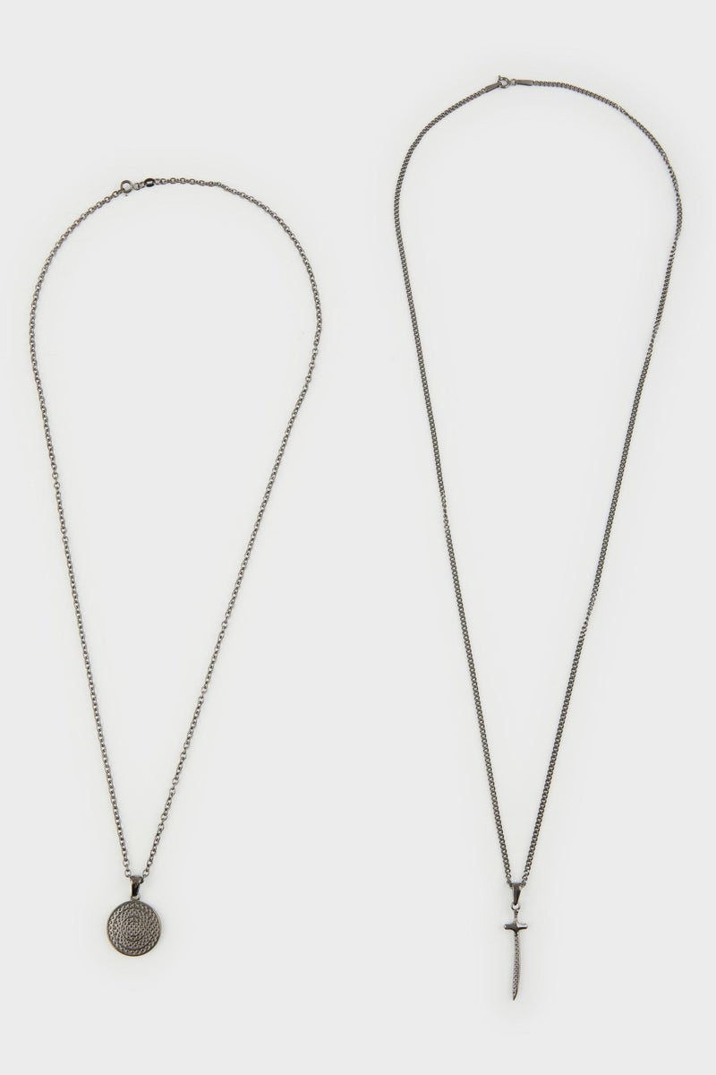 DeFacto Black Man Atolyewolf x Defacto Man Sword Shield Figured Chain 2 Piece Necklace Casual - Image 2