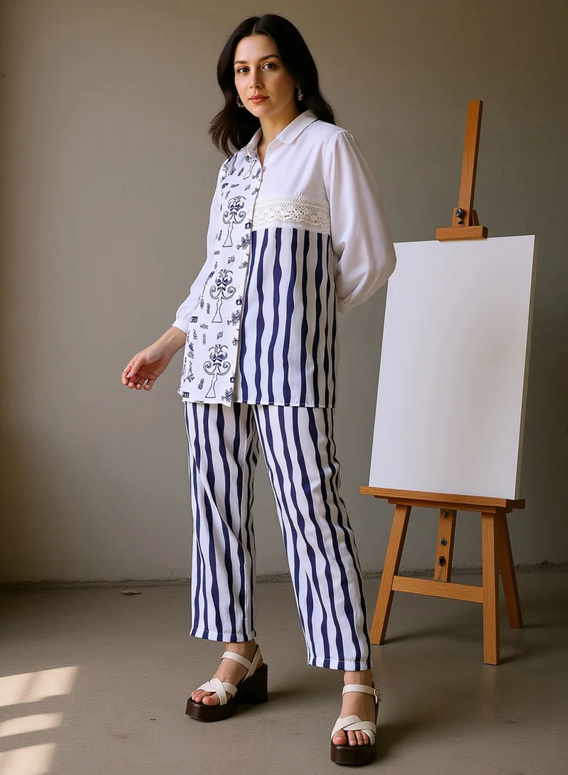 قصة Qissa Women's Navy Blue:Off-White Striped Block Print Kurti With Trousers For Ethnic Wear | Mandarin Collar, Long Regular Sleeves | Abstract Print Plain Fabric | 2 Piece Kurta Set Designed For Casual & Daily Wear