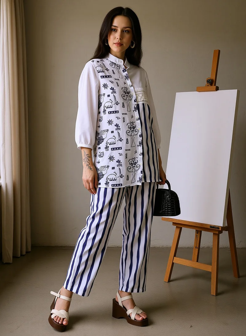  قصة Qissa Women's Navy Blue:Off-White Striped Block Print Kurti With Trousers For Ethnic Wear | Mandarin Collar, Long Regular Sleeves | Abstract Print Plain Fabric | 2 Piece Kurta Set Designed For Casual & Daily Wear