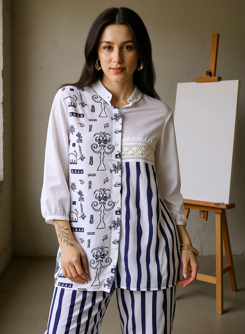  قصة Qissa Women's Navy Blue:Off-White Striped Block Print Kurti With Trousers For Ethnic Wear | Mandarin Collar, Long Regular Sleeves | Abstract Print Plain Fabric | 2 Piece Kurta Set Designed For Casual & Daily Wear