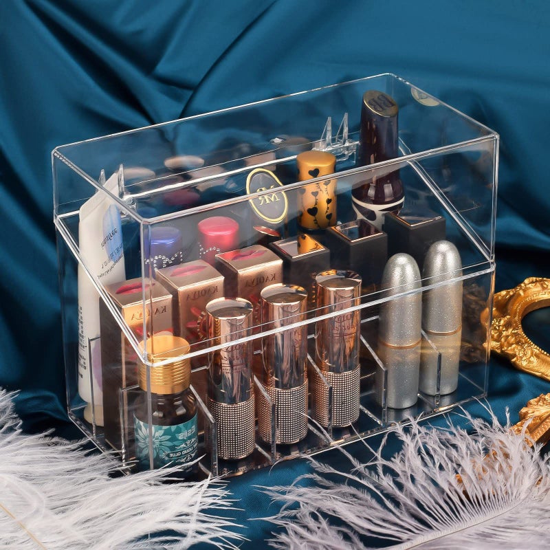 18 Compartment Transparent Acrylic Lipstick Storage Box With Lid Desktop Cosmetics And Nail Polish Organizer - Image 1